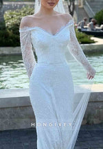Lace Off the Shoulder Long Sleeves Sequined Mermaid Wedding Dresses