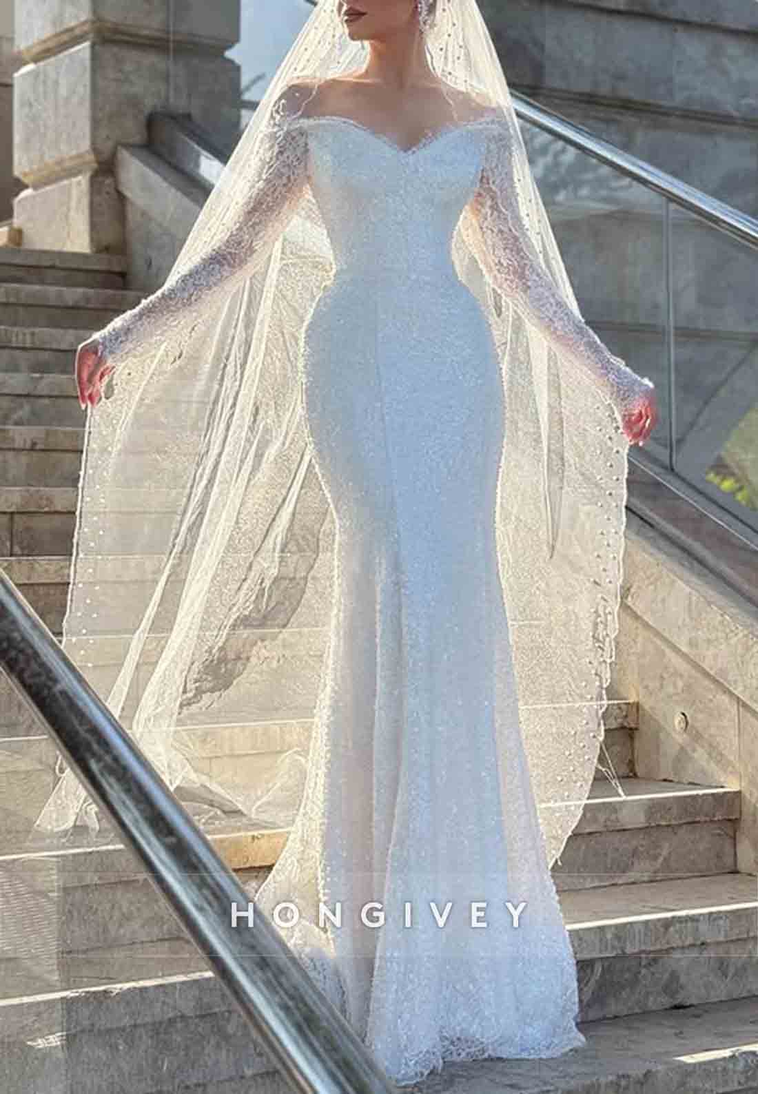 Lace Off the Shoulder Long Sleeves Sequined Mermaid Wedding Dresses