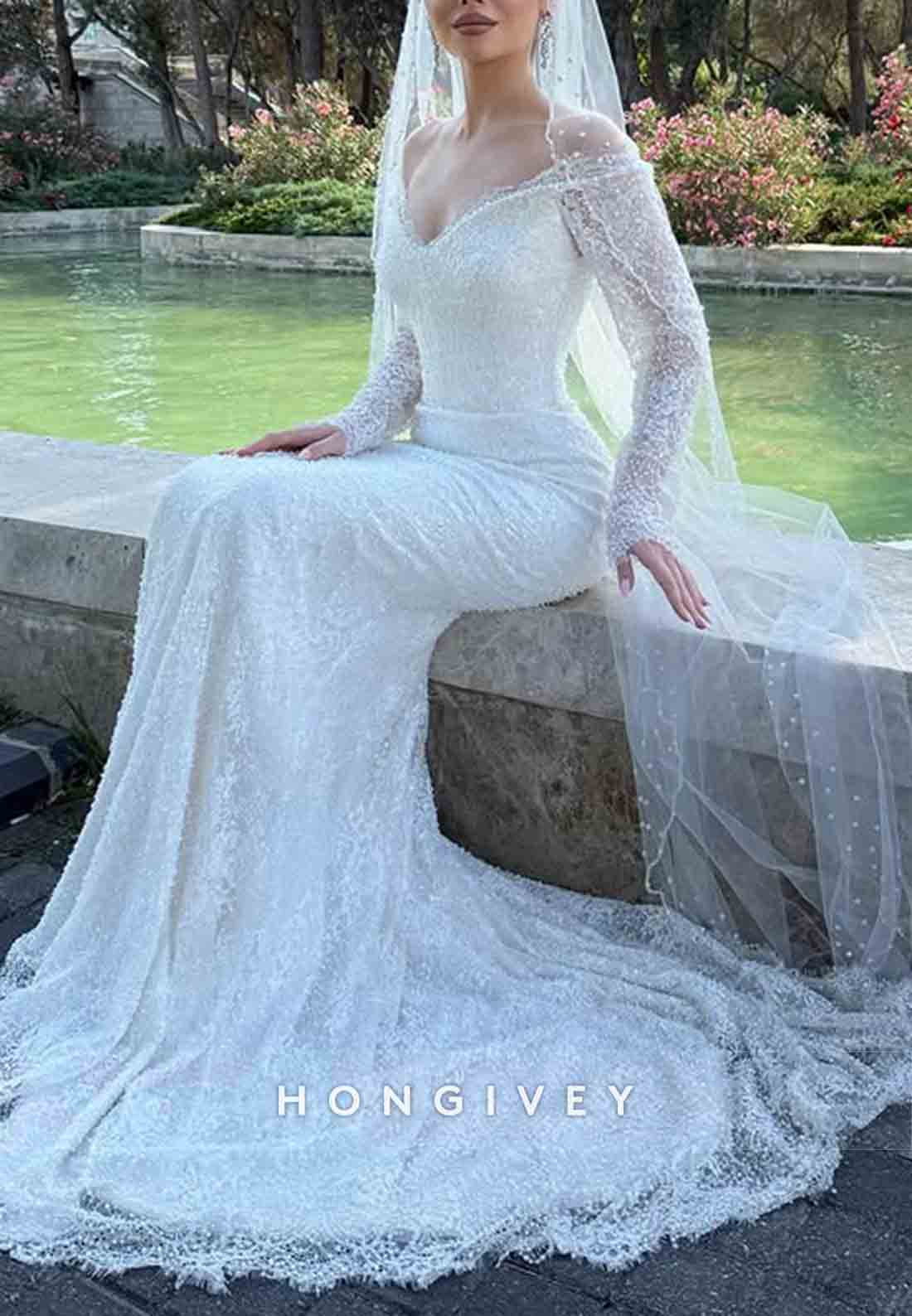 Lace Off the Shoulder Long Sleeves Sequined Mermaid Wedding Dresses