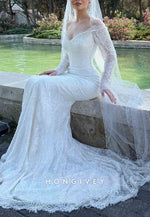 Lace Off the Shoulder Long Sleeves Sequined Mermaid Wedding Dresses