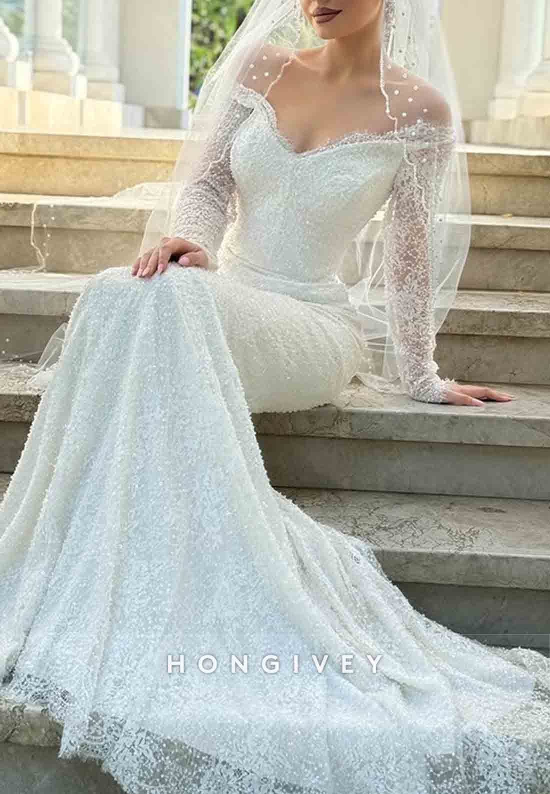 Lace Off the Shoulder Long Sleeves Sequined Mermaid Wedding Dresses