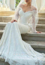 Lace Off the Shoulder Long Sleeves Sequined Mermaid Wedding Dresses
