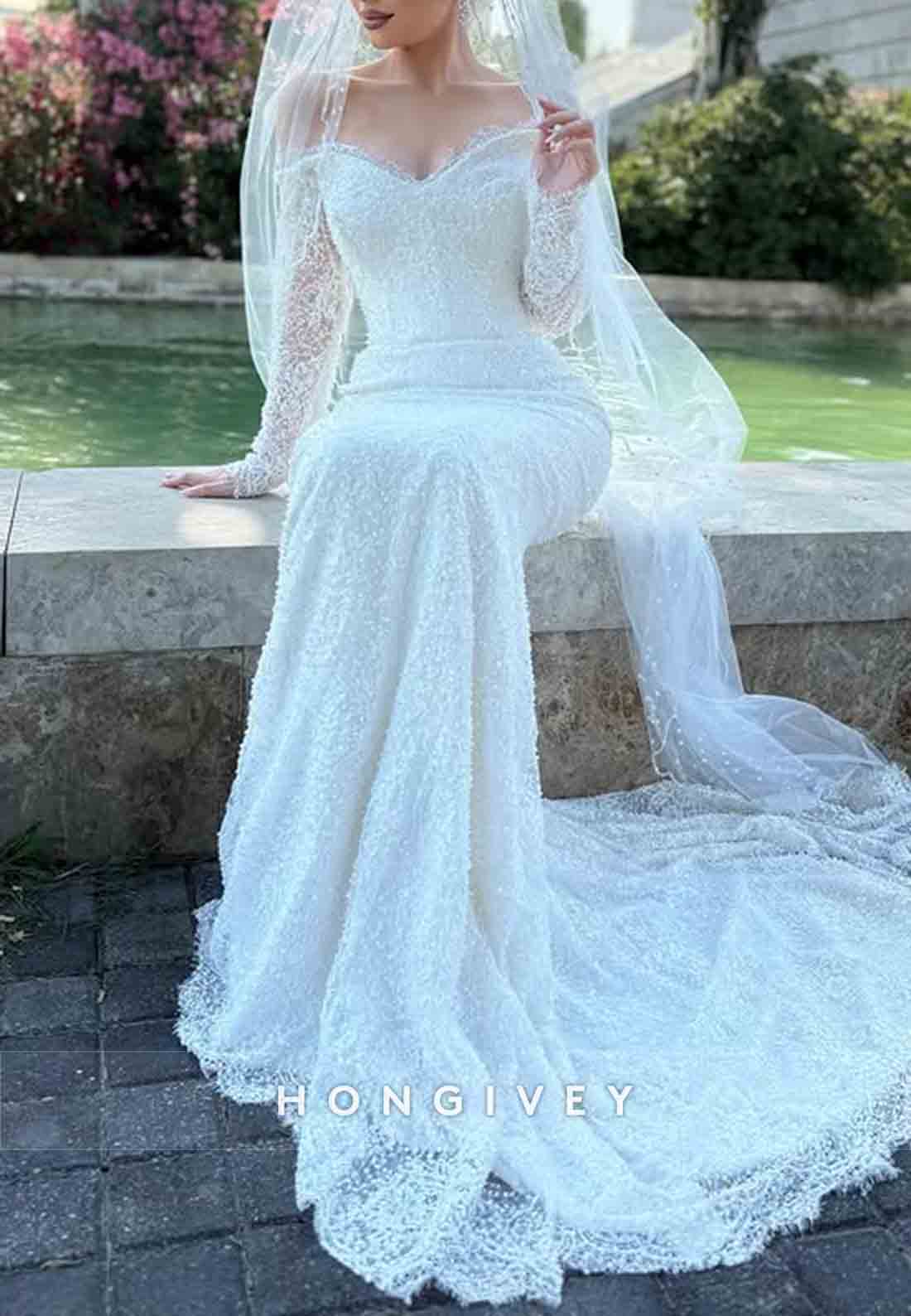 Lace Off the Shoulder Long Sleeves Sequined Mermaid Wedding Dresses