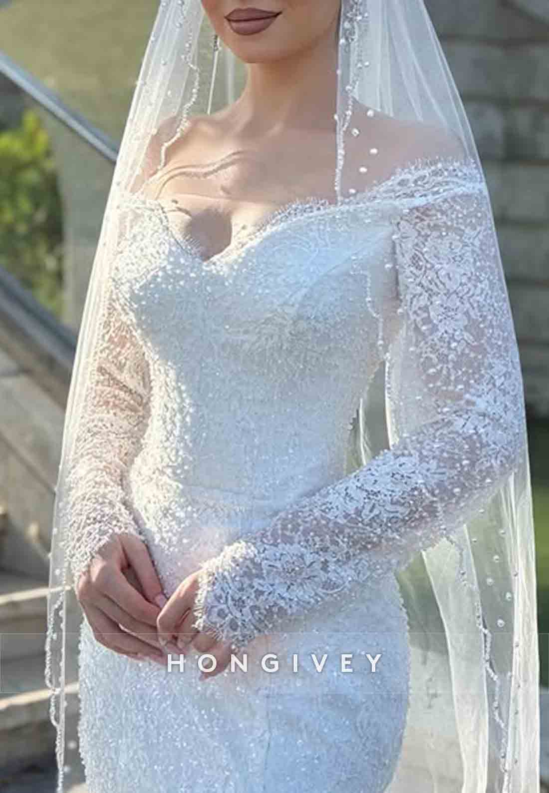Lace Off the Shoulder Long Sleeves Sequined Mermaid Wedding Dresses