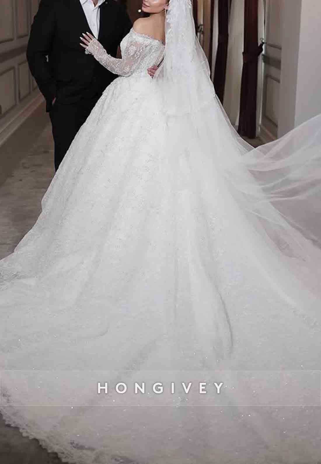 Off the Shoulder Lace Long Sleeves Chapel Train Ball Gown Empire Wedding Dresses