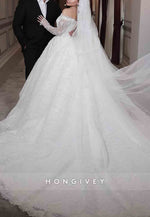 Off the Shoulder Lace Long Sleeves Chapel Train Ball Gown Empire Wedding Dresses