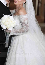Off the Shoulder Lace Long Sleeves Chapel Train Ball Gown Empire Wedding Dresses