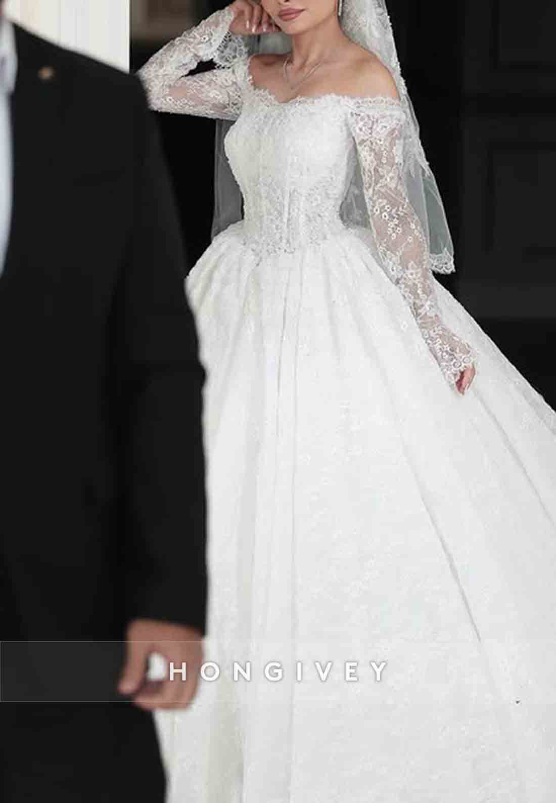 Off the Shoulder Lace Long Sleeves Chapel Train Ball Gown Empire Wedding Dresses