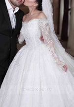 Off the Shoulder Lace Long Sleeves Chapel Train Ball Gown Empire Wedding Dresses