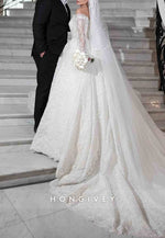 Off the Shoulder Lace Long Sleeves Chapel Train Ball Gown Empire Wedding Dresses