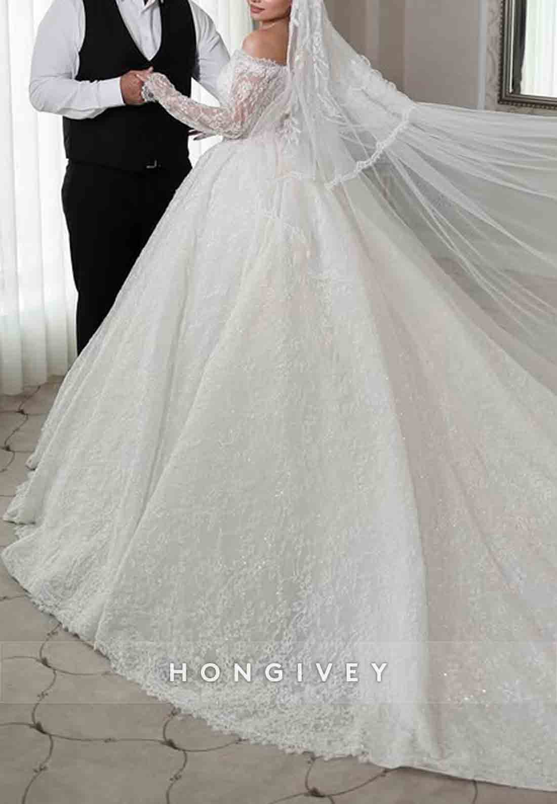 Off the Shoulder Lace Long Sleeves Chapel Train Ball Gown Empire Wedding Dresses