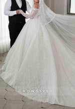 Off the Shoulder Lace Long Sleeves Chapel Train Ball Gown Empire Wedding Dresses