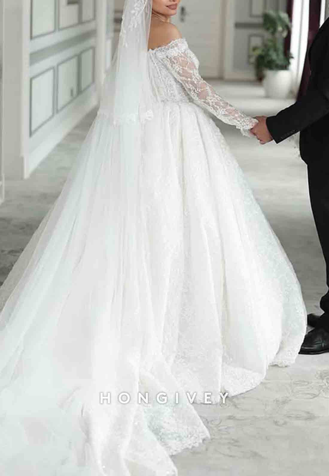 Off the Shoulder Lace Long Sleeves Chapel Train Ball Gown Empire Wedding Dresses