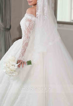 Off the Shoulder Lace Long Sleeves Chapel Train Ball Gown Empire Wedding Dresses