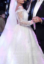 Off the Shoulder Lace Long Sleeves Chapel Train Ball Gown Empire Wedding Dresses