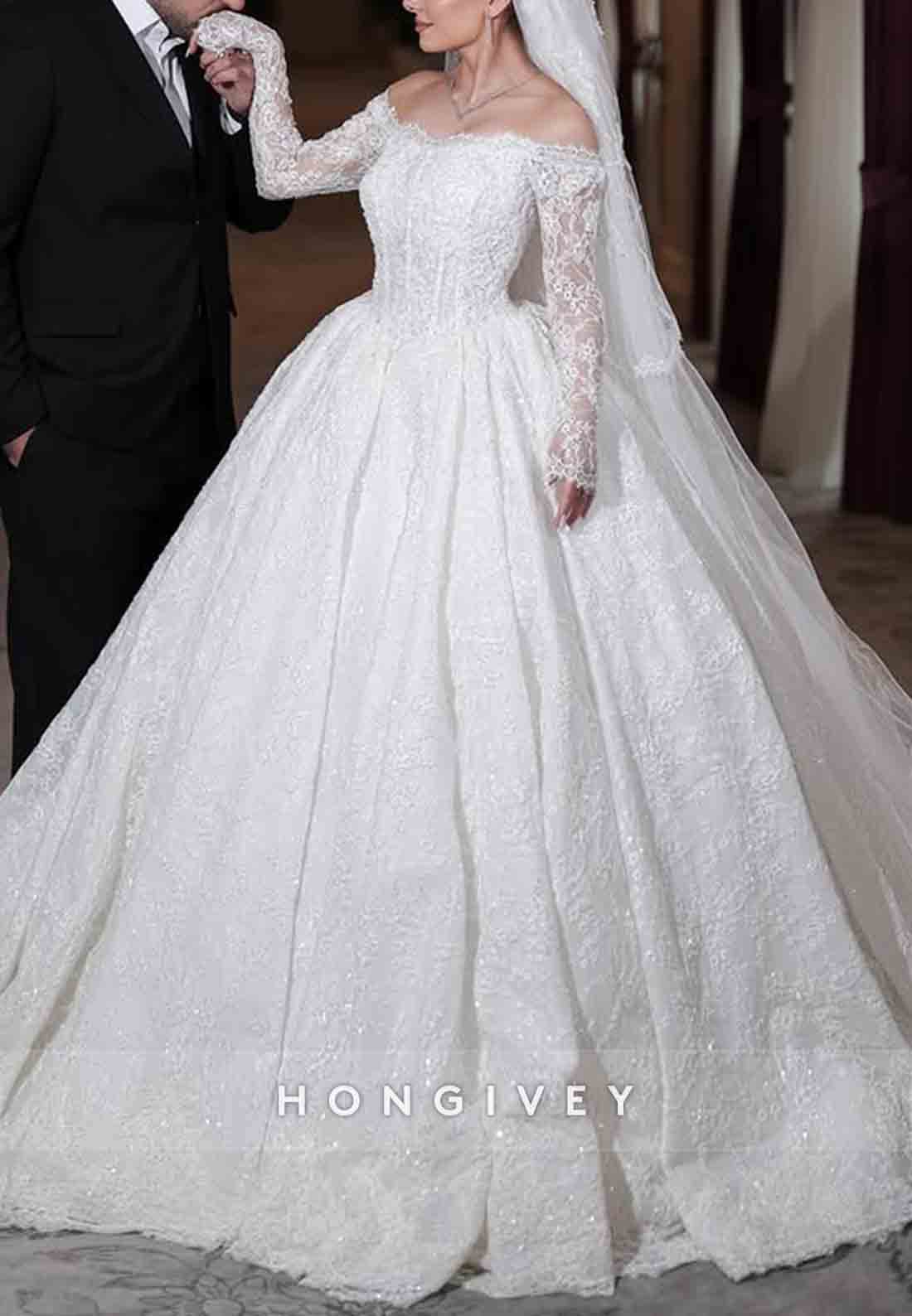 Off the Shoulder Lace Long Sleeves Chapel Train Ball Gown Empire Wedding Dresses