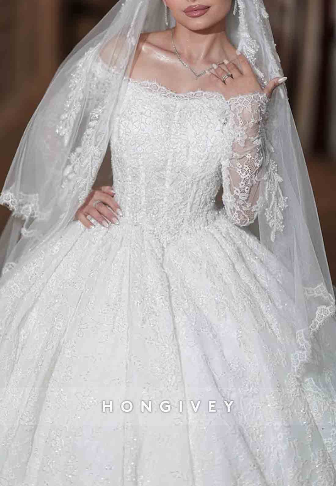 Off the Shoulder Lace Long Sleeves Chapel Train Ball Gown Empire Wedding Dresses