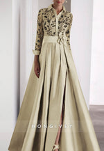 Pleated Long Sleeve Satin Waistband Flower Illusion Neck Beading Evening Gown