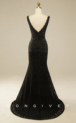 L0819 - Plunging Illusion Beaded Lace Trumpet Fitted Dress With Train -06