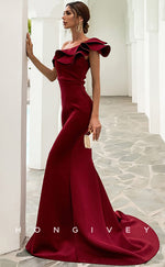 L0820 - Asymmetrical Ruffled Mermaid Fitted Dress With Sweep Train