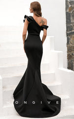 L0820 - Asymmetrical Ruffled Mermaid Fitted Dress With Sweep Train