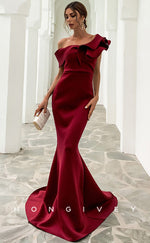 L0820 - Asymmetrical Ruffled Mermaid Fitted Dress With Sweep Train