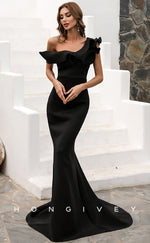 L0820 - Asymmetrical Ruffled Mermaid Fitted Dress With Sweep Train