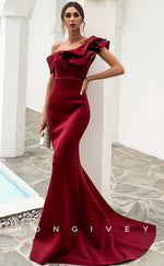 L0820 - Asymmetrical Ruffled Mermaid Fitted Dress With Sweep Train