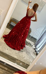 L0823 - Long A-Line Glitter-Knit Bateau Ballgown Dress 