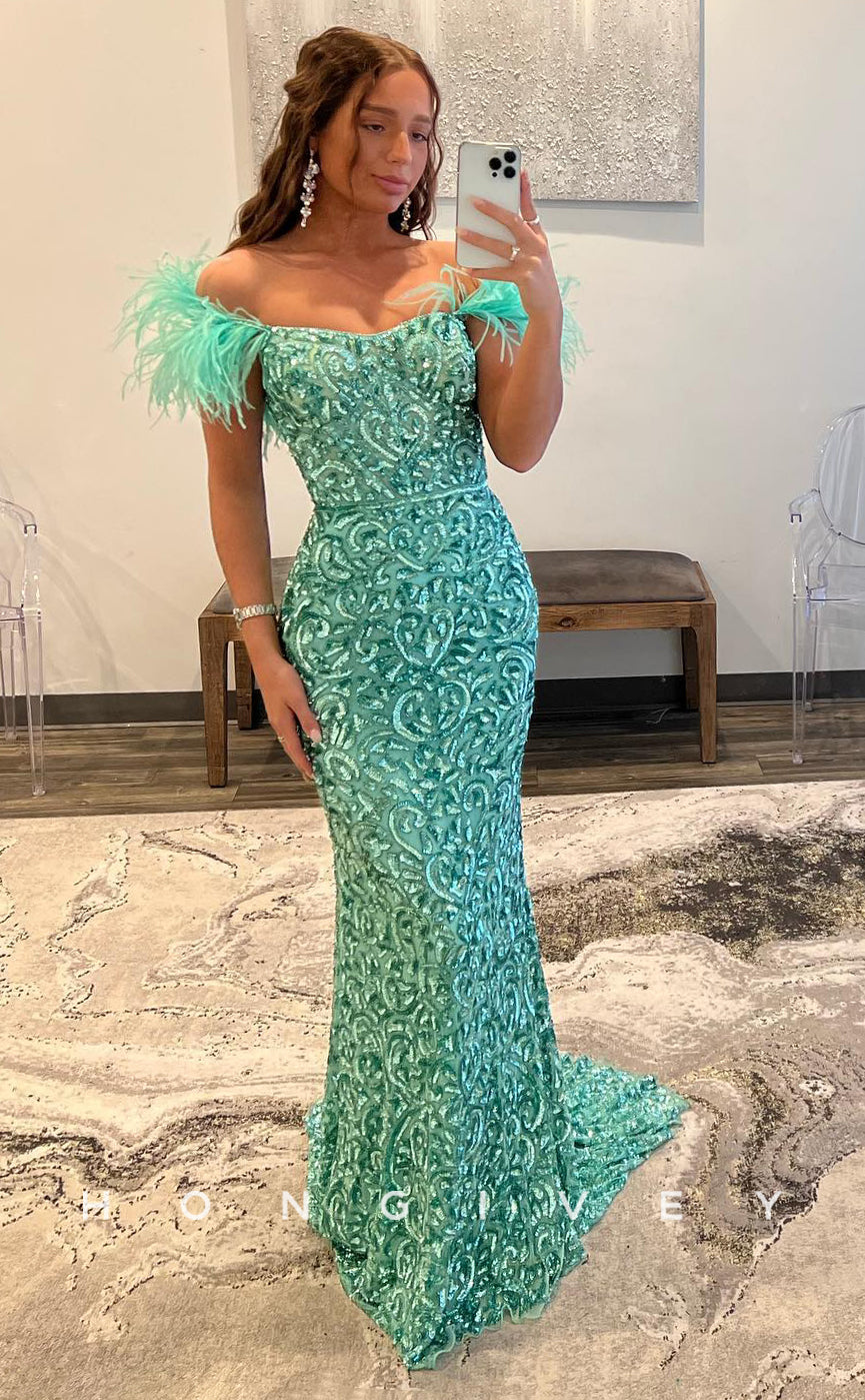 L0827 - Off-Shoulder Embellished Trumpet Dress With Train