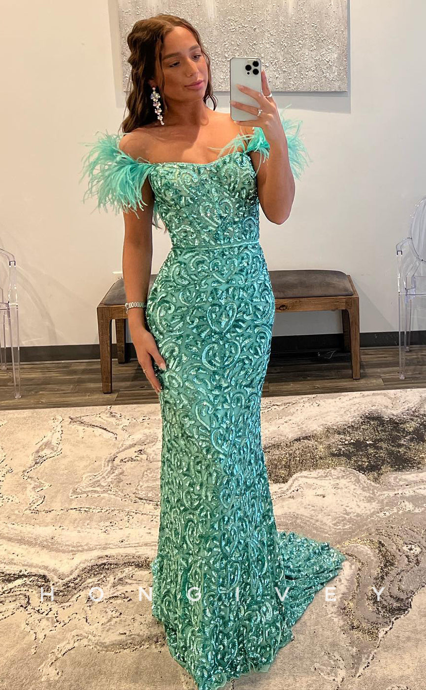 L0827 - Off-Shoulder Embellished Trumpet Dress With Train