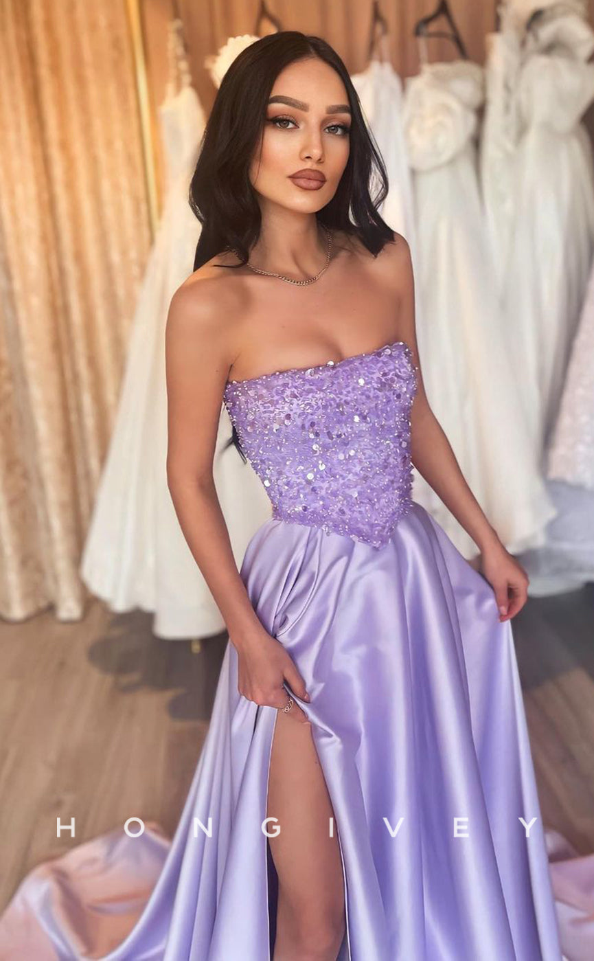 L0831 - Ornate Strapless A-Line Beaded Satin Gown With Slit