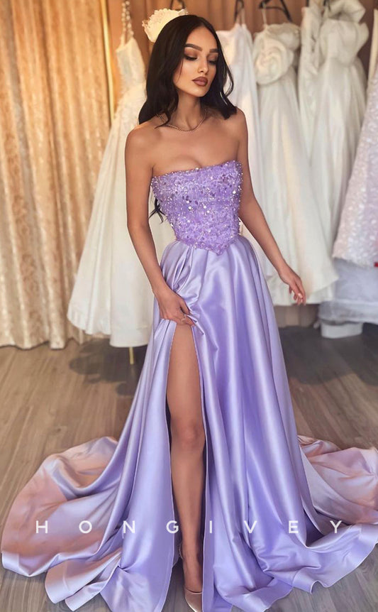 L0831 - Ornate Strapless A-Line Beaded Satin Gown With Slit