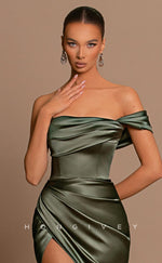 L0852 - One Off-Shoulder Ruched Fitted Wrap Dress