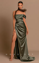 L0852 - One Off-Shoulder Ruched Fitted Wrap Dress