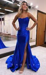 L0881 - One Shoulder Pleated Side Slit Trumpet Dress