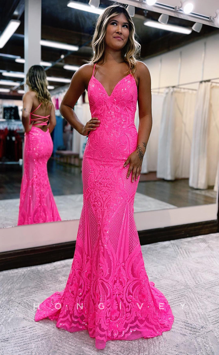 L0882 - Deep V-Neck Sequined Sleeveless Backless Gown