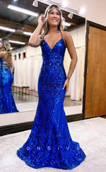 L0882 - Deep V-Neck Sequined Sleeveless Backless Gown