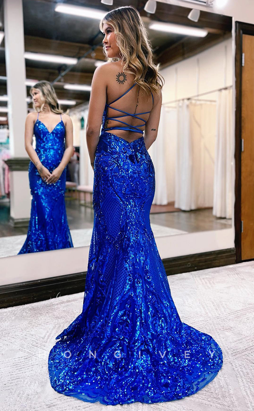 L0882 - Deep V-Neck Sequined Sleeveless Backless Gown