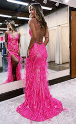 L0889 - Feathered Plunging Illusion Backless Sheath Gown