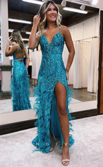 L0889 - Feathered Plunging Illusion Backless Sheath Gown