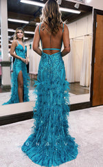 L0889 - Feathered Plunging Illusion Backless Sheath Gown