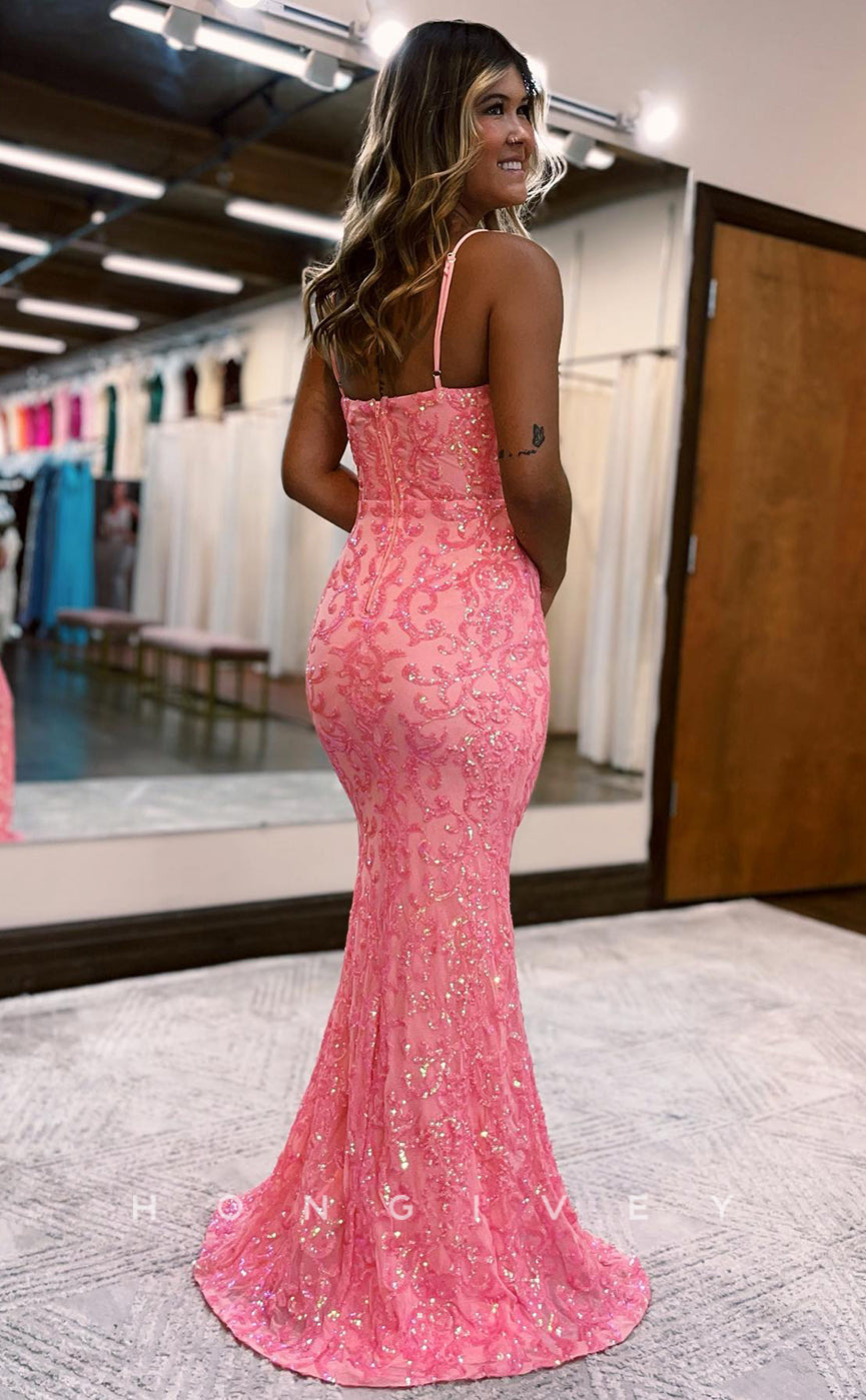 L0893 - Ornate Embellished Sheath Spaghetti Strap Gown