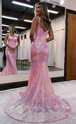 L0896 - Fully Sequined Plunging V-Neck Fitted Dress With Train