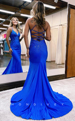 L0897 - Embellished V-Neck Lace-Up Open Back Mermaid Dress