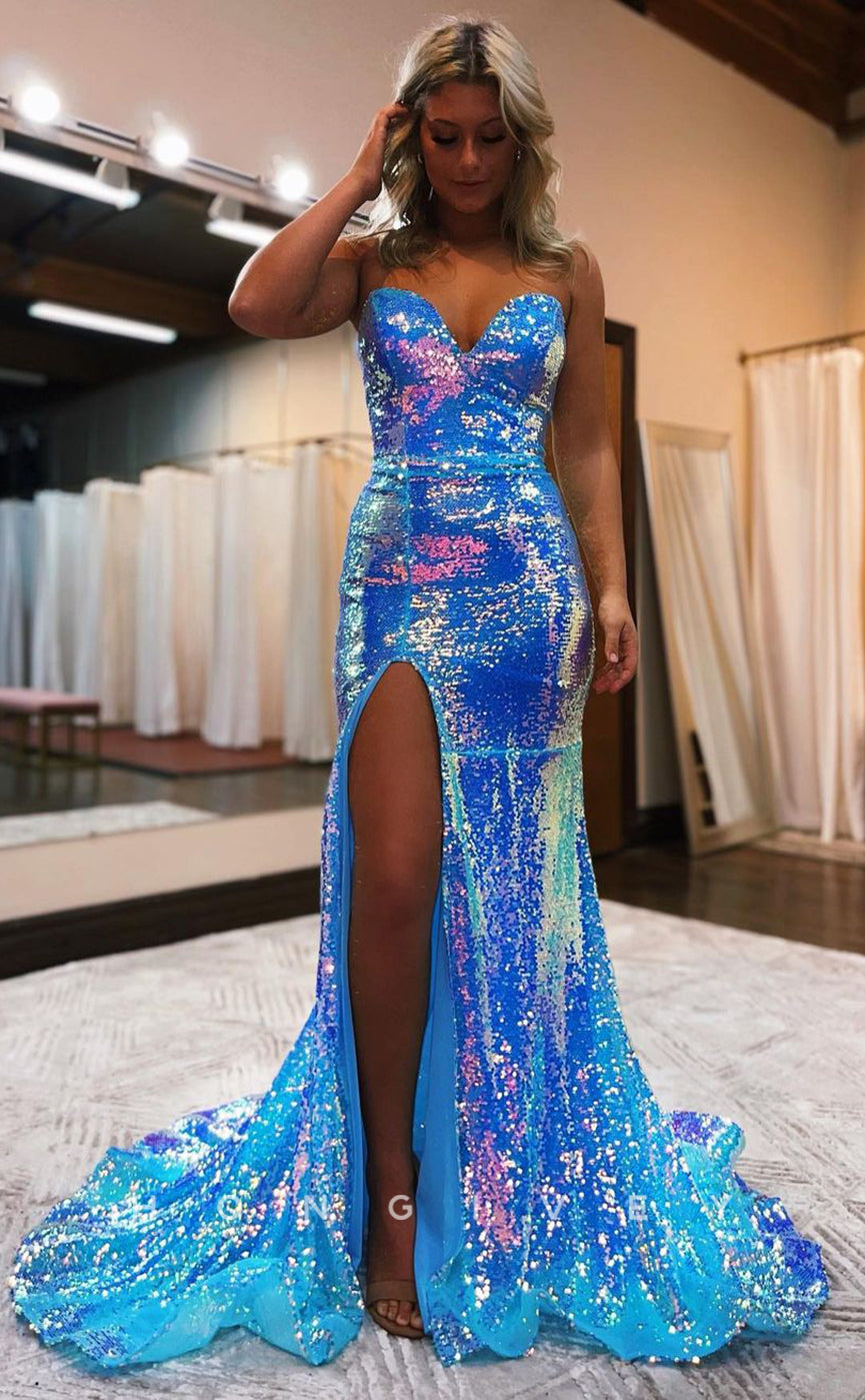 L0860 - Strapless Sequined Sparkly Corset Trumpet Gown
