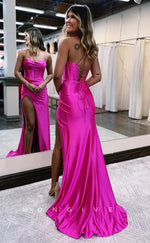 L0871 - A-Line Sweetheart Corset Satin Gown With Sweep Train