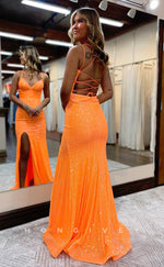 L0872 - Fully Sequined Deep V-Neck Backless Long Bodice Dresses