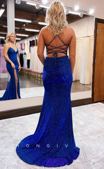 L0874 - Deep V-Neck Open Back Glitter Gown With Sweep Train