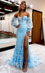 L0875 - Illusion Lace Strapless Sweetheart Puff Sleeves Gown